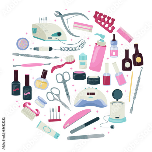Collection of manicure, pedicure design elements vector circle isolated on white background. Professional tools kit for nails care scissors, file, hand cream, electric drill, UV lamp, cuticle nipper.