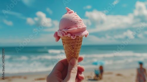 Pink Ice Cream Cone Against a Beach Background