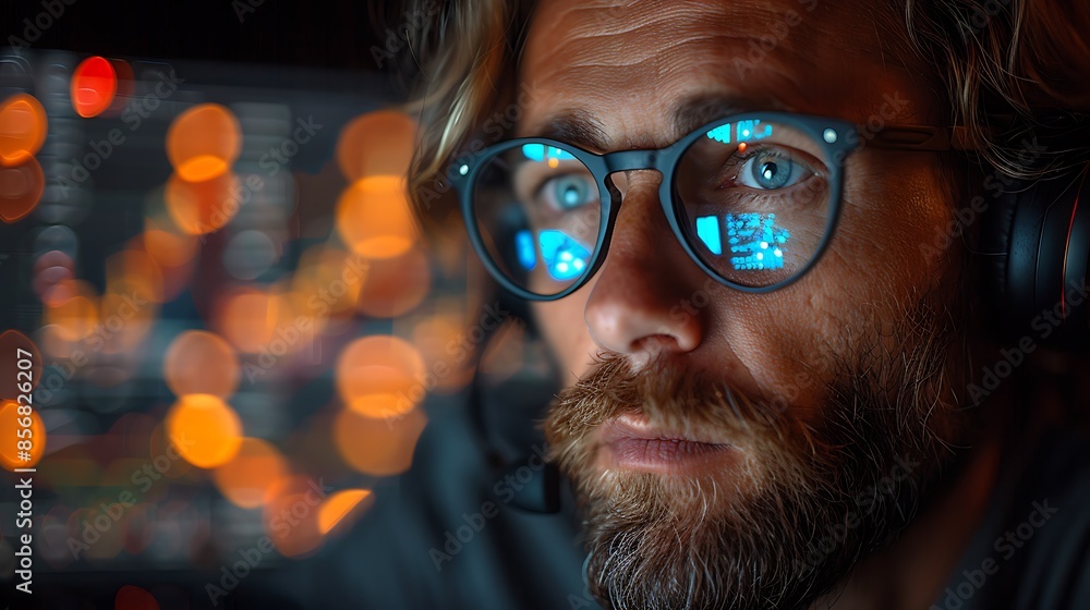 A photographic style of a financial analyst wearing headphones, concentrating on financial analysis work on a computer, high-tech modern office, balanced lighting, serious expression, financial report A photographic style of a financial analyst wearing headphones, concentrating on financial analysis work on a computer, high-tech modern office, balanced lighting, serious expression, financial report