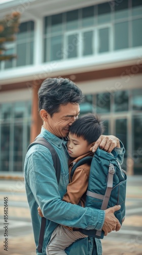 Father hugging his son with a backpack in front of a building © Sasa Visual
