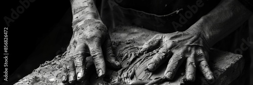 The hands of a sculptor delicately shape a block of clay creating a masterpiece with every touch. Black and white art photo