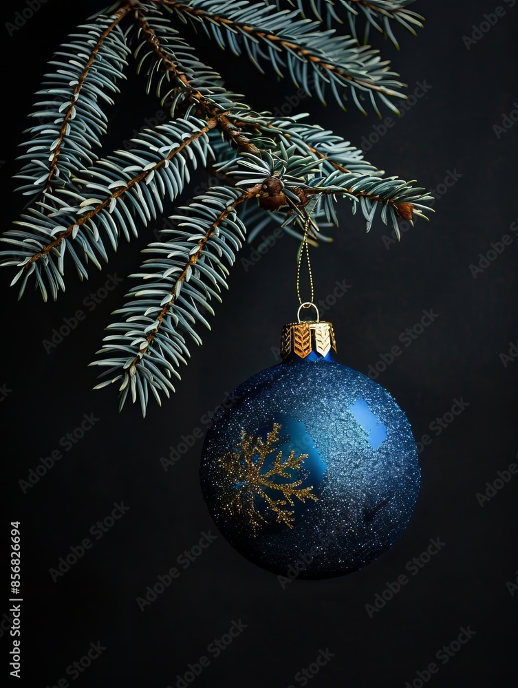 blue christmas decoration and fir tree branch on black background blue christmas decoration and fir tree branch on black background