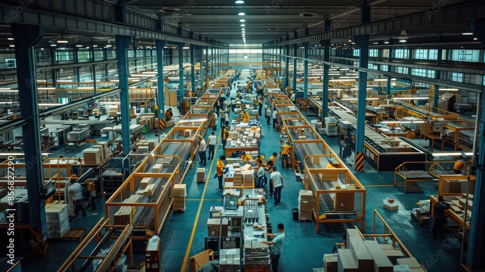A large warehouse with many people working A large warehouse with many people working