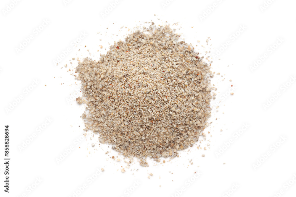 A close-up pile of organic Pearl Millet Flour (Pennisetum glaucum) or Bajra Flour, isolated on a white background. Top view