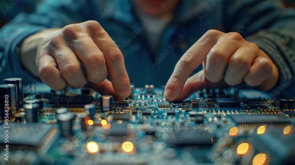 A man is working on a circuit board with his hands A man is working on a circuit board with his hands