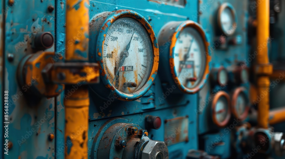 The blue and yellow machine has a lot of gauges and dials The blue and yellow machine has a lot of gauges and dials