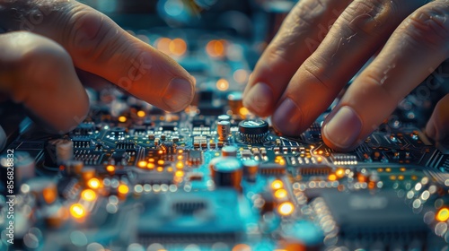 A person is touching a circuit board with their hands
