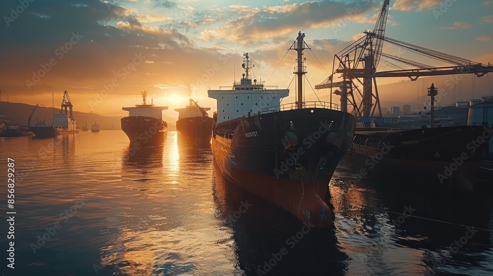 Fototapeta premium A large ship is docked at a pier with other ships in the background