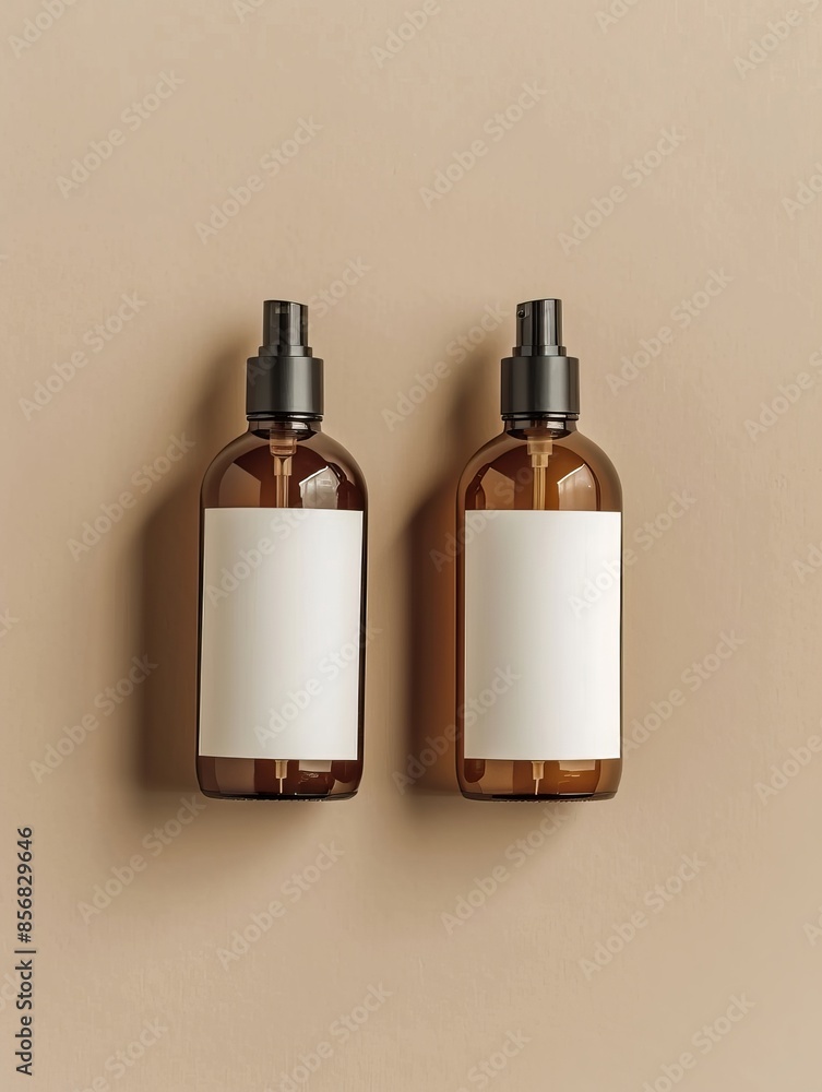 Brown cosmetic bottles for shampoo and body lotion with white blank label on beige background. Flat lay, top view. Brown cosmetic bottles for shampoo and body lotion with white blank label on beige background. Flat lay, top view.