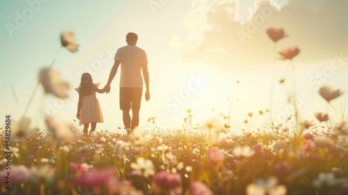 A parent and child holding hands and walking through a flower meadow at sunset, capturing a beautiful and serene familial moment.