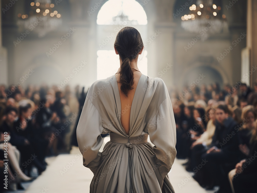 Model in long luxury dress on catwalk, fashion show Model in long luxury dress on catwalk, fashion show