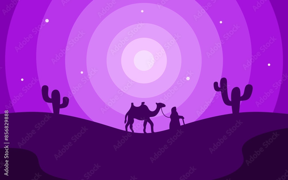 Background landscape illustration of desert and silhouette of a person pulling a camel with purple sky color Background landscape illustration of desert and silhouette of a person pulling a camel with purple sky color