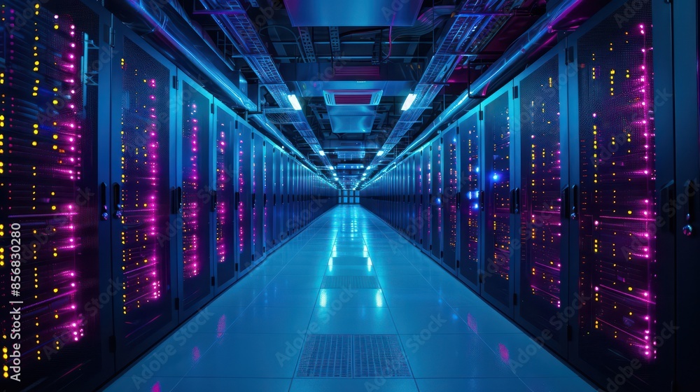 A long hallway with many computer servers A long hallway with many computer servers