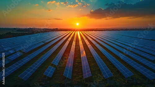 A field of solar panels with the sun setting in the background
