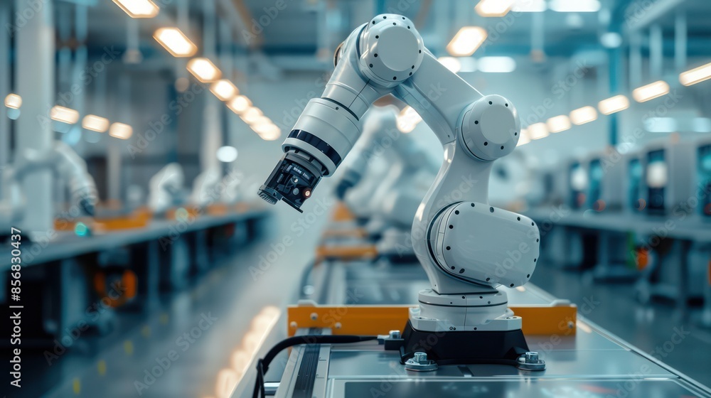A robot is standing in a factory with other robots A robot is standing in a factory with other robots