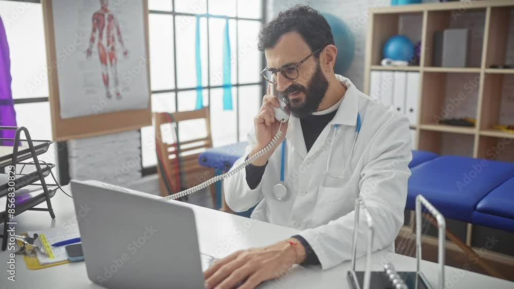 A bearded doctor talks on the phone while operating a laptop in a clinic's office, highlighting healthcare and technology. A bearded doctor talks on the phone while operating a laptop in a clinic's office, highlighting healthcare and technology.