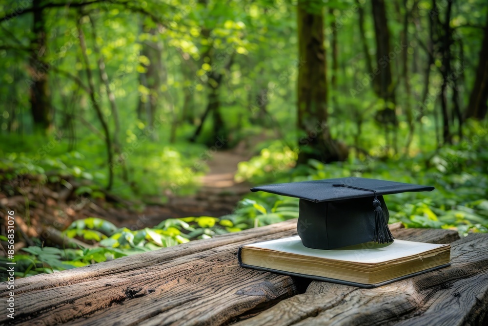 White book with graduation cap on rustic wooden table against lush green forest backdrop White book with graduation cap on rustic wooden table against lush green forest backdrop