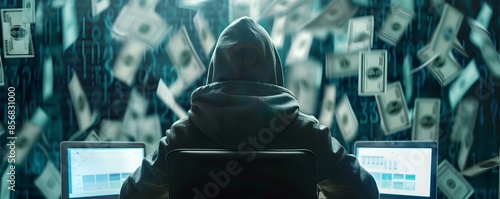 Hooded Silhouette Navigates Digital Landscape of Cybercrime and Finance