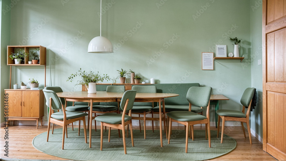 Mint color chairs at round wooden dining table in room with sofa Mint color chairs at round wooden dining table in room with sofa