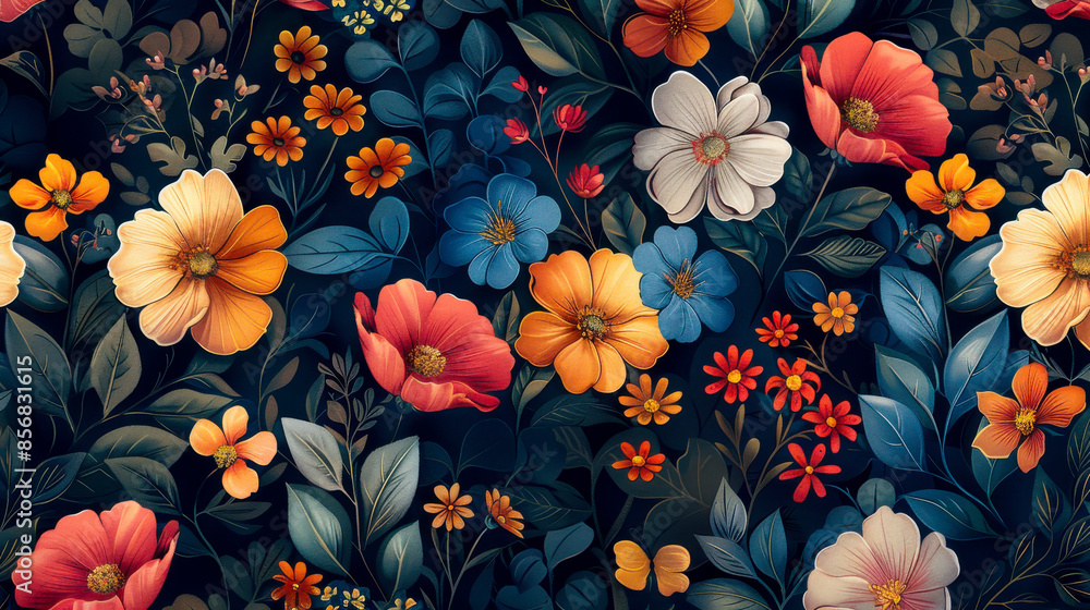 Elegant Floral Pattern with Intricate Details. A detailed illustration of various colorful flowers and leaves arranged in an elegant pattern, showcasing intricate botanical art. Elegant Floral Pattern with Intricate Details. A detailed illustration of various colorful flowers and leaves arranged in an elegant pattern, showcasing intricate botanical art.
