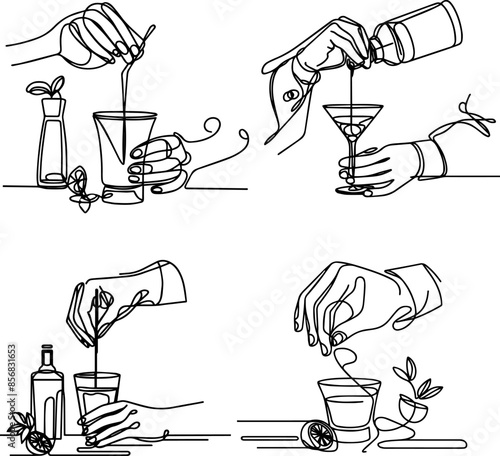 line art of bartender's hands preparing a cocktail