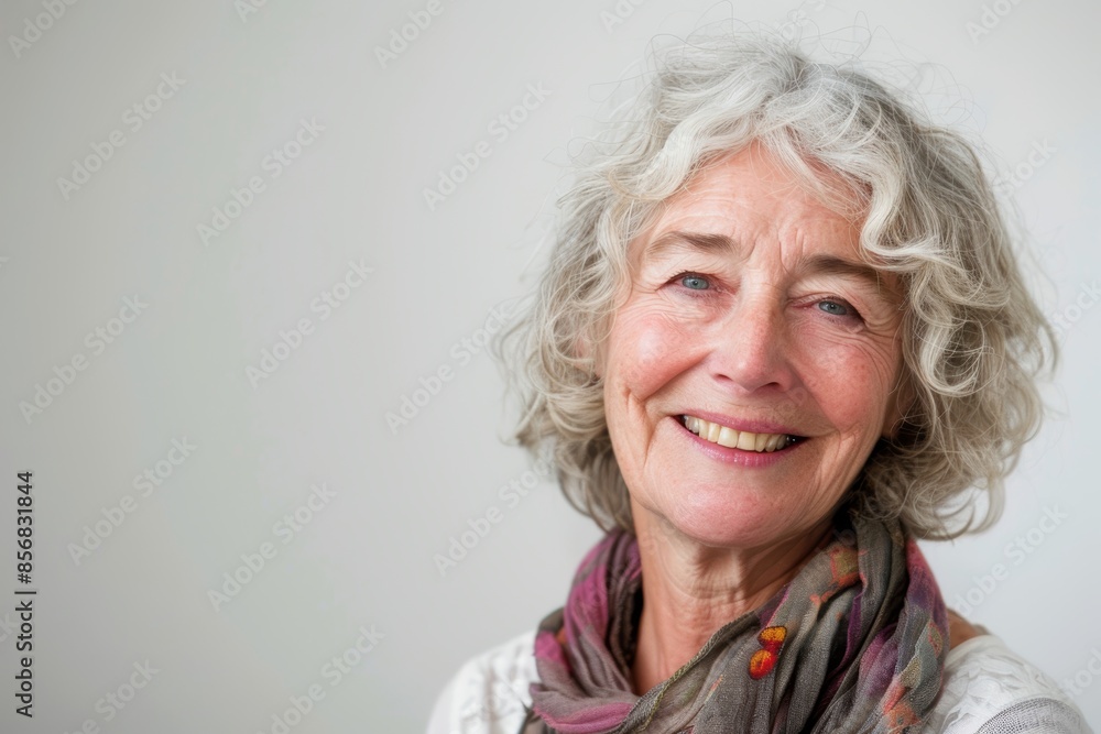 Portrait of a content caucasian woman in her 60s smiling at the camera isolated on plain white digital canvas Portrait of a content caucasian woman in her 60s smiling at the camera isolated on plain white digital canvas