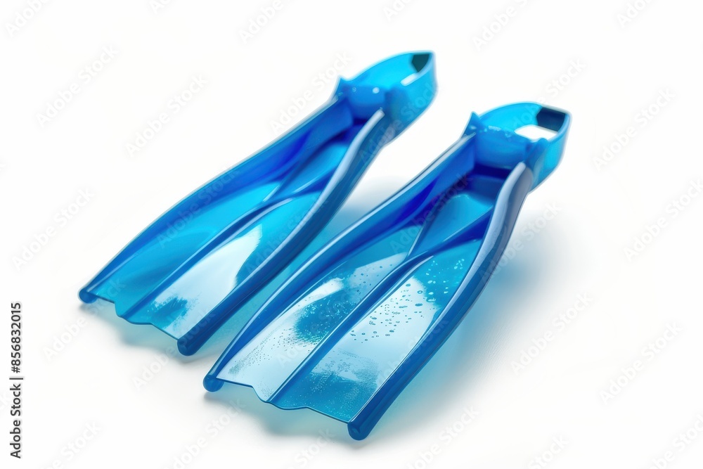 A close-up of blue snorkeling fins isolated on a white background A close-up of blue snorkeling fins isolated on a white background