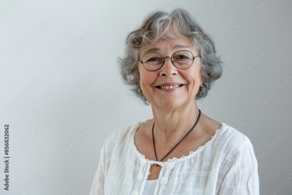 Portrait of a content caucasian woman in her 60s smiling at the camera while standing against plain white digital canvas Portrait of a content caucasian woman in her 60s smiling at the camera while standing against plain white digital canvas