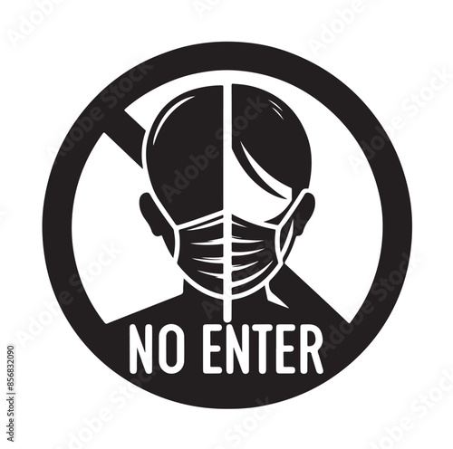No entry without facemask. Warning sign for notice people, beware and wear face mask before enter area. Man, facemask required, coronavirus icon vector illustration