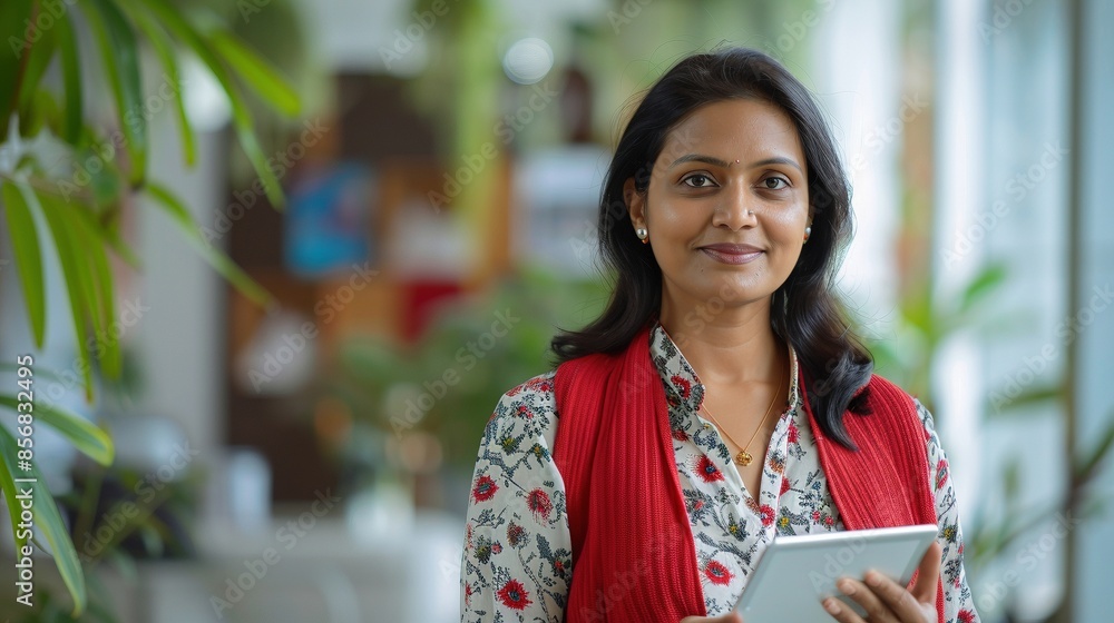 Indian woman with tablet working in office image copy space. Hindu female corporate manager using tablet banner background blurred. Commercial development concept photography copyspace Indian woman with tablet working in office image copy space. Hindu female corporate manager using tablet banner background blurred. Commercial development concept photography copyspace