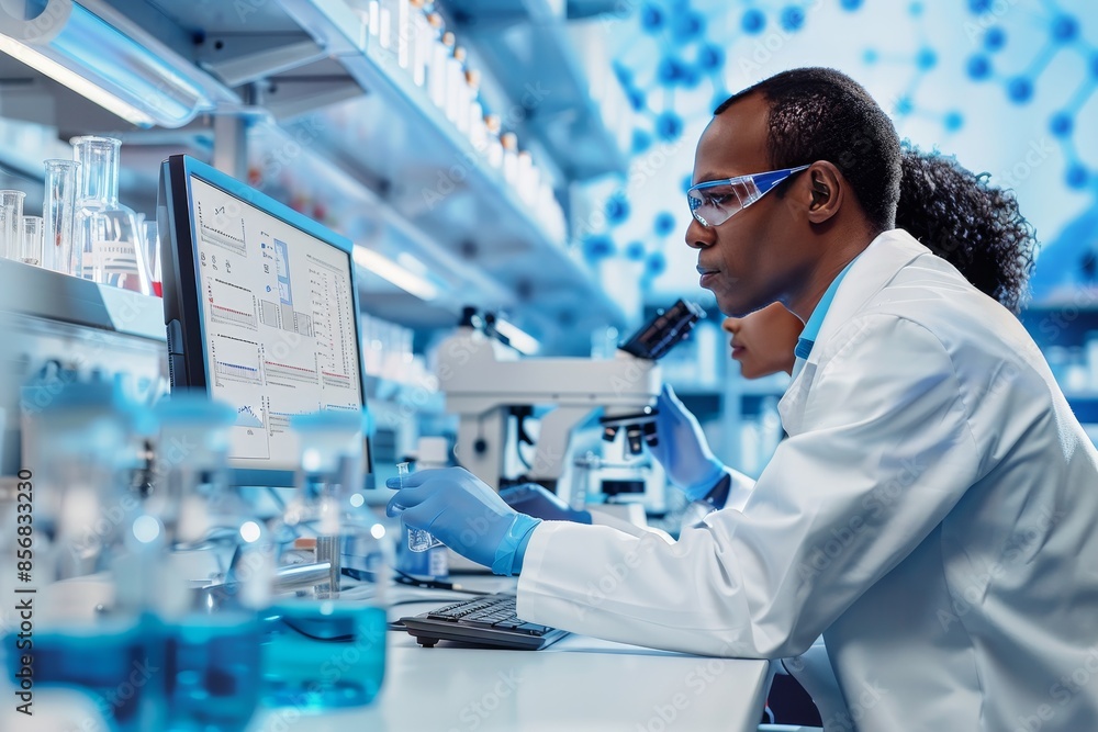 Researchers intently analyzing data surrounded by lab equipment and vibrant chemical formulas Researchers intently analyzing data surrounded by lab equipment and vibrant chemical formulas
