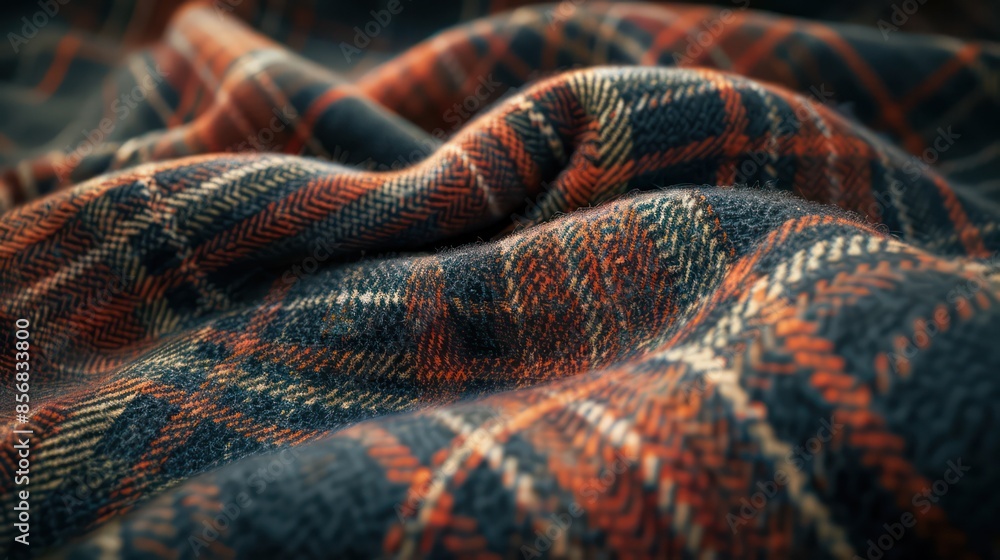 A plaid blanket with a blue and orange pattern A plaid blanket with a blue and orange pattern