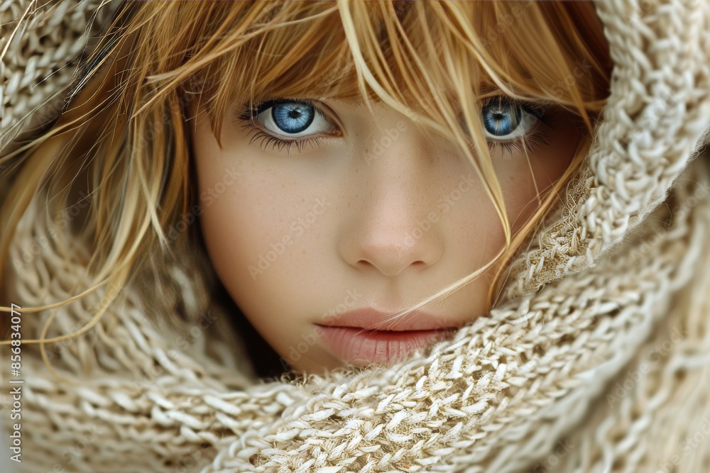 Blissful close up young woman with blonde hair and blue eyes radiating joy in lavender light Blissful close up young woman with blonde hair and blue eyes radiating joy in lavender light