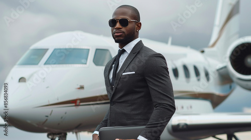 Businessman near airplane, his private jet. 