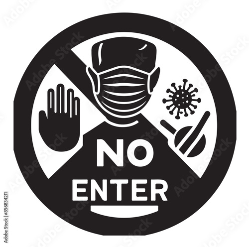 No entry without facemask. Warning sign for notice people, beware and wear face mask before enter area. Man, facemask required, coronavirus icon vector illustration