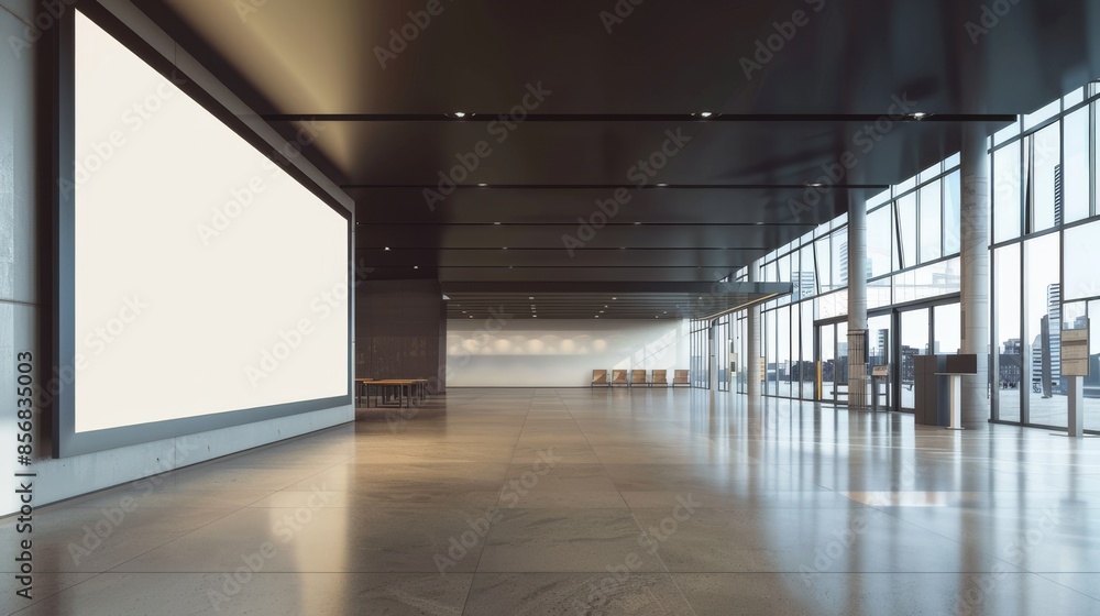 A spacious and modern shopping mall interior with an empty corridor and a large blank billboard