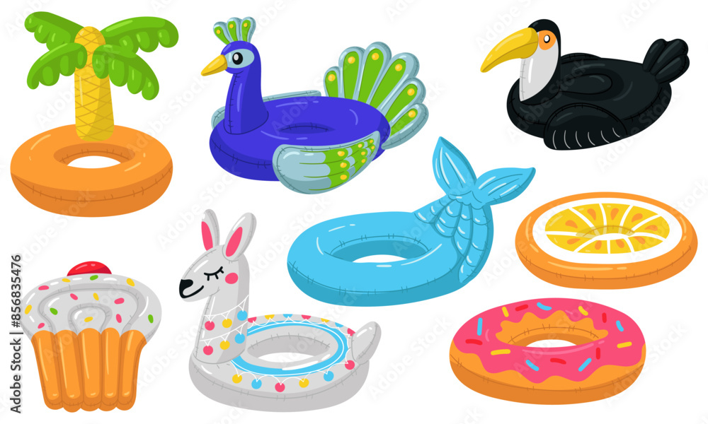 Fototapeta premium Set of swimming circles in the form of donut, Lama, mermaid, cupcake, orange, Toucan, peacock, Palma. The floating animals are suitable for a summer themed pool party. Isolated illustration Collection
