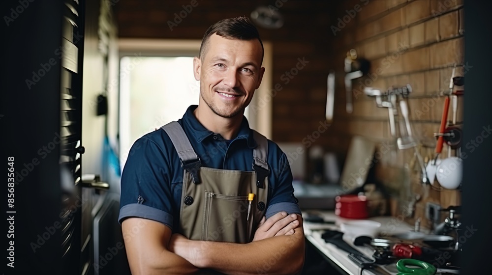 portrait of a smiling Caucasian plumber in uniform in the kitchen or bathroom. against the backdrop of repaired and installed plumbing fixtures portrait of a smiling Caucasian plumber in uniform in the kitchen or bathroom. against the backdrop of repaired and installed plumbing fixtures