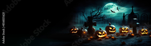 Halloween scary pumpkin with fire in the cemetery at night, grave background. AI generated.