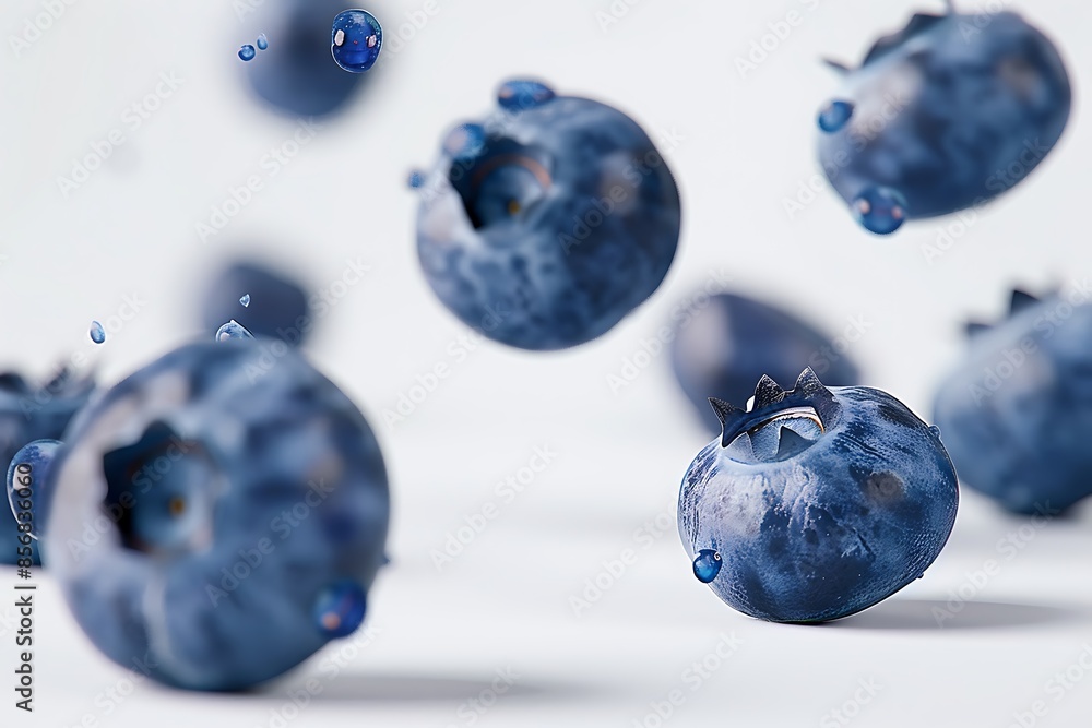 Close up narutal fresh blueberry slices falling and floating in air isolated on white background Close up narutal fresh blueberry slices falling and floating in air isolated on white background
