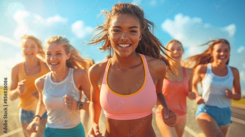 portrait of smiling beautiful young women athletes runners. women's athletics competition portrait of smiling beautiful young women athletes runners. women's athletics competition