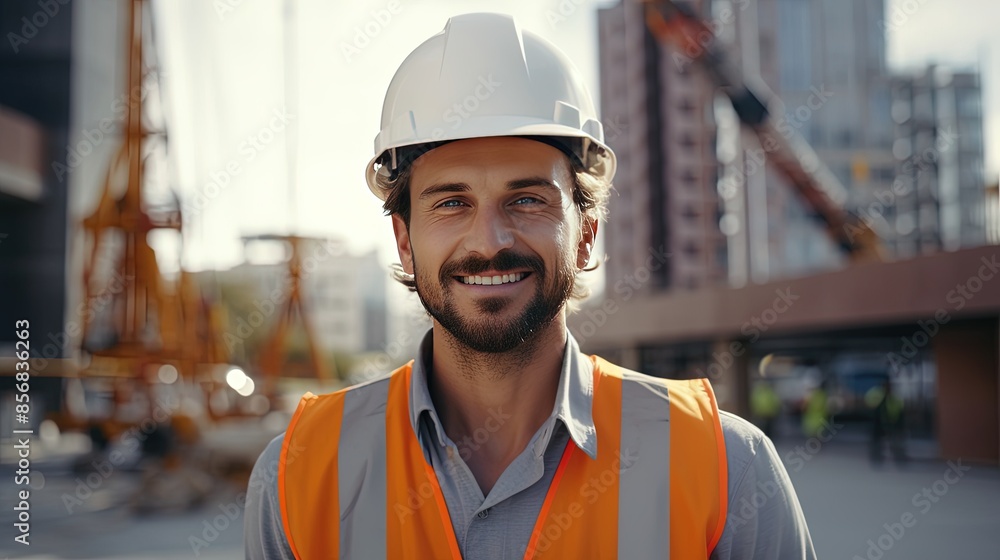 smiling Caucasian construction engineer in a hard hat and uniform in an orange vest against the background of multi-storey buildings under construction. portrait of a builder at a construction site