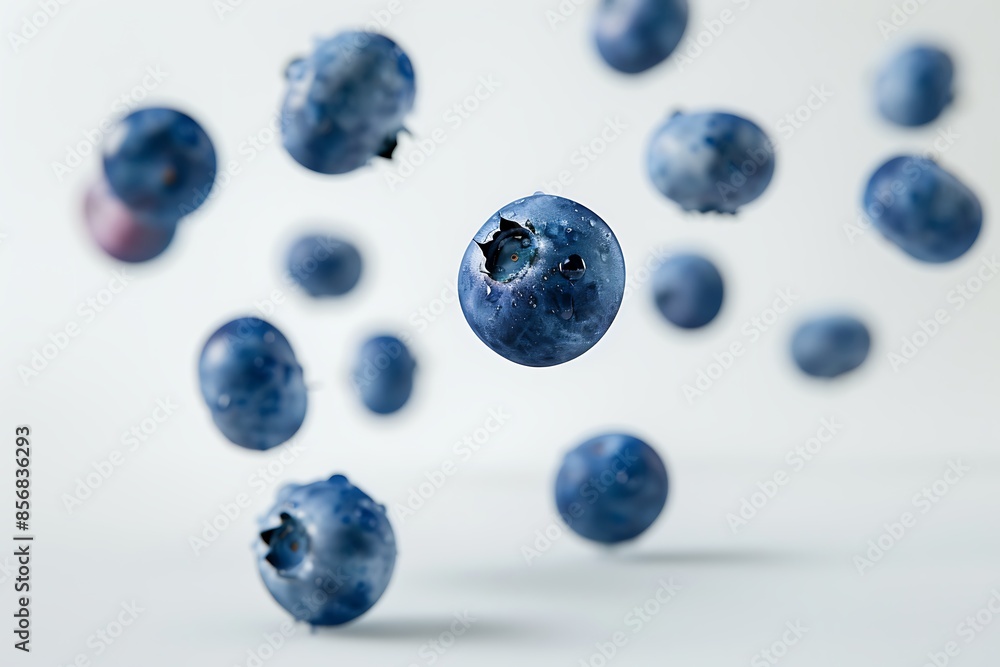 Close up narutal fresh blueberry slices falling and floating in air isolated on white background Close up narutal fresh blueberry slices falling and floating in air isolated on white background