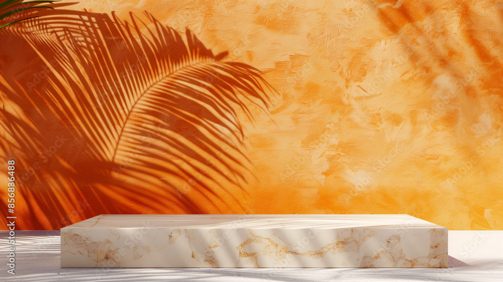 photograph of an orange back wall, the shadow of a palm leaf, Background for a cosmetic product with a marble base photograph of an orange back wall, the shadow of a palm leaf, Background for a cosmetic product with a marble base