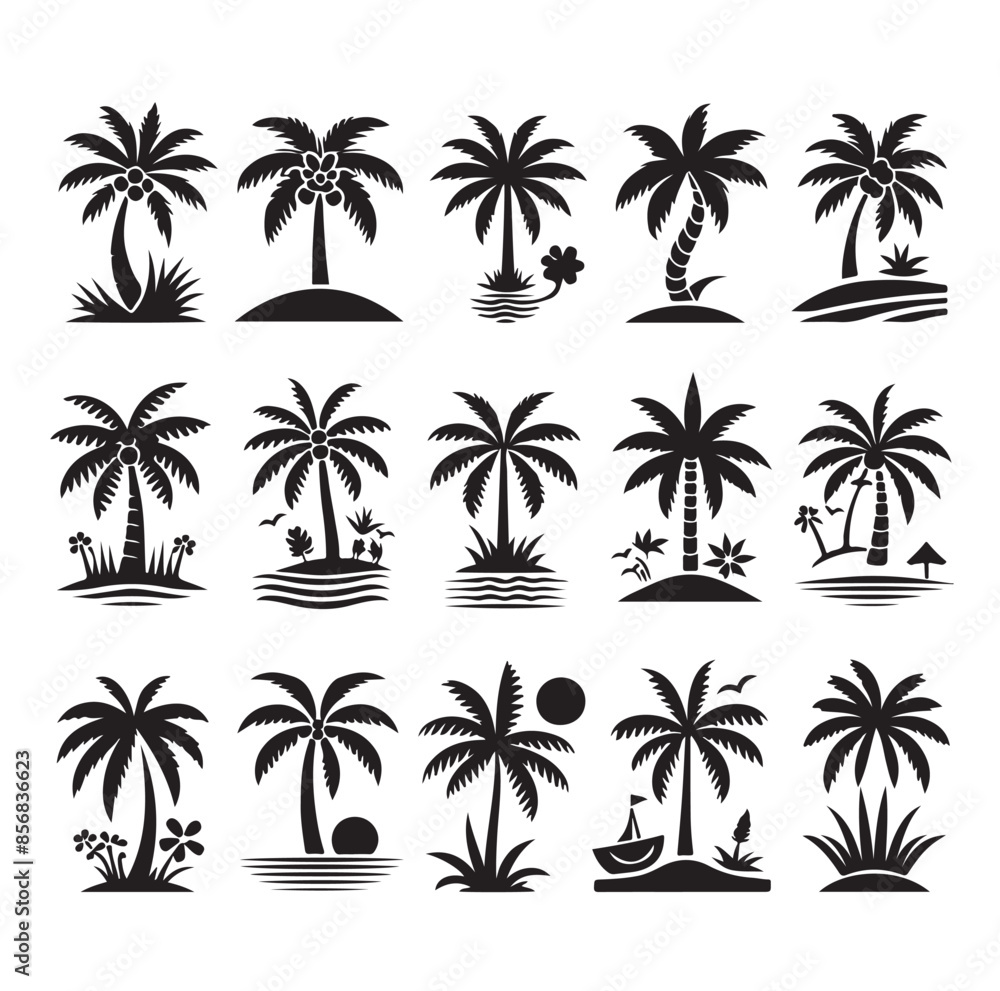 Black palm trees set isolated on white background. Palm silhouettes. Design of palm trees for posters, banners and promotional items. Vector illustration Black palm trees set isolated on white background. Palm silhouettes. Design of palm trees for posters, banners and promotional items. Vector illustration