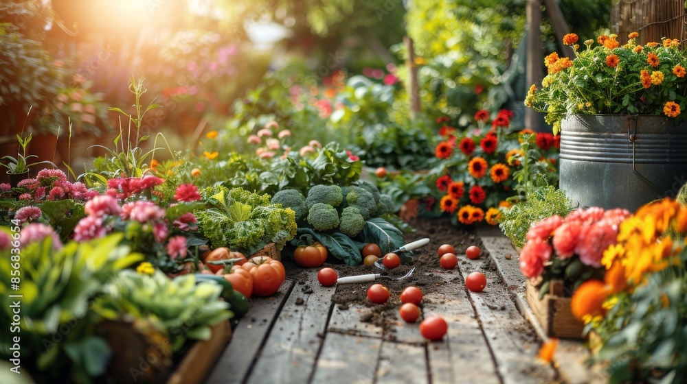 A vibrant garden scene overflowing with various flowers, vegetables, gardening tools, and a watering can A vibrant garden scene overflowing with various flowers, vegetables, gardening tools, and a watering can