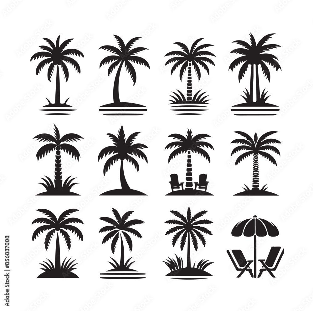 Black palm trees set isolated on white background. Palm silhouettes. Design of palm trees for posters, banners and promotional items. Vector illustration Black palm trees set isolated on white background. Palm silhouettes. Design of palm trees for posters, banners and promotional items. Vector illustration