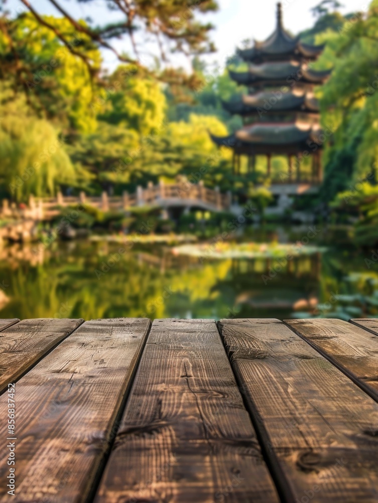 A simple wooden table sitting beside a peaceful pond, perfect for a serene outdoor setting or nature-inspired scene A simple wooden table sitting beside a peaceful pond, perfect for a serene outdoor setting or nature-inspired scene