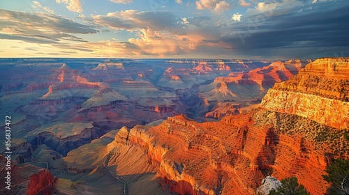 The sky is cloudy and the sun is setting over the Grand Canyon