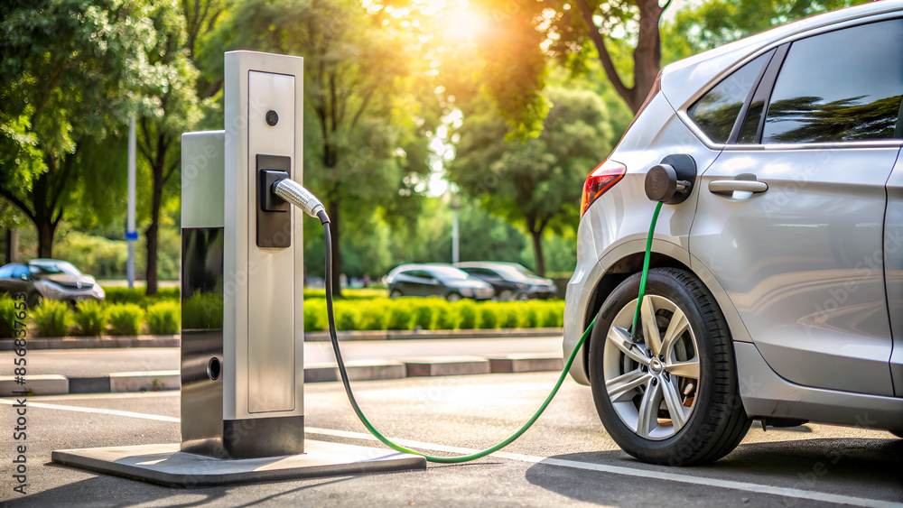 Electric vehicle charger supplying power to a car at public charging station Electric vehicle charger supplying power to a car at public charging station